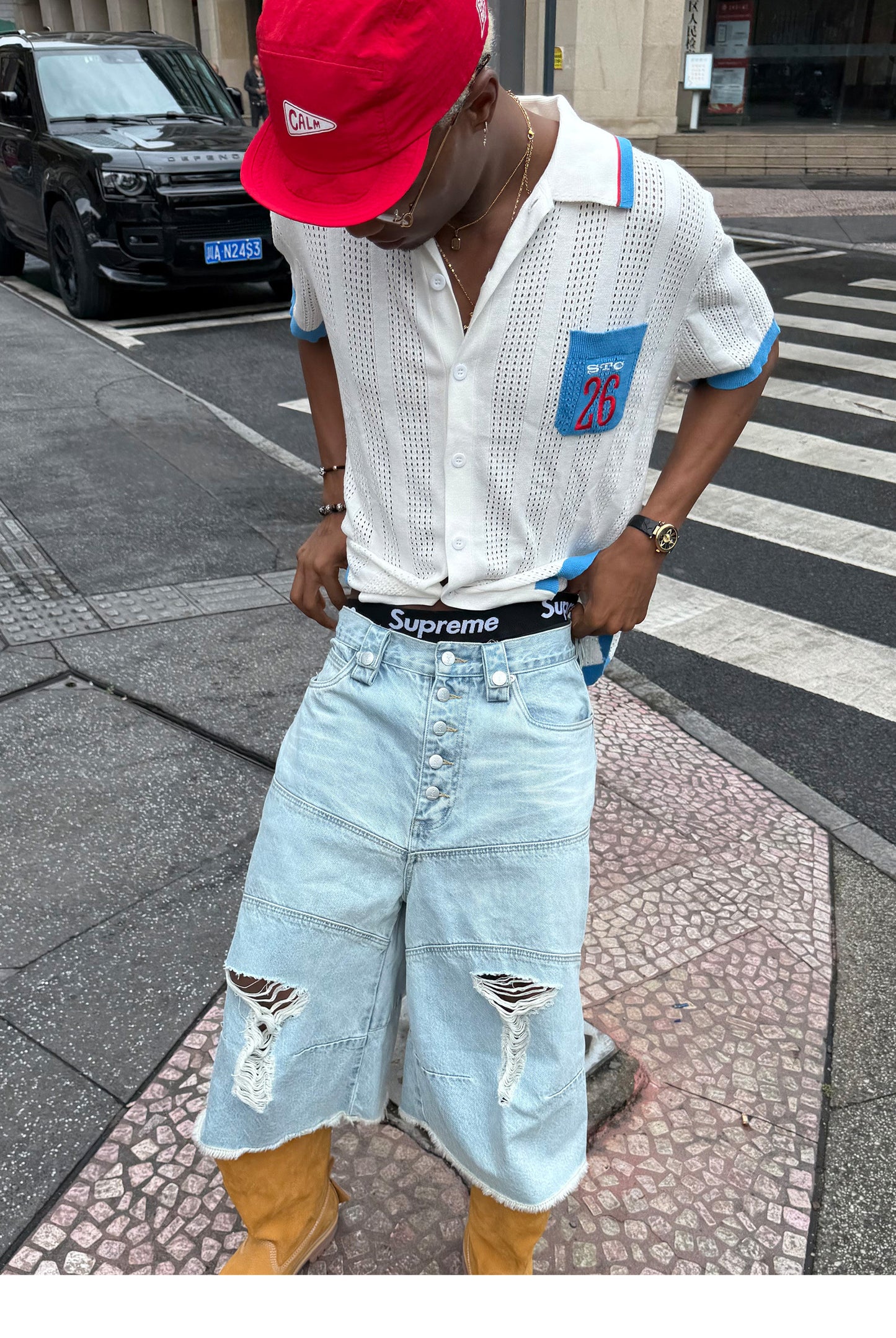 Vintage Whisker-Washed Loose-Fit Denim Shorts