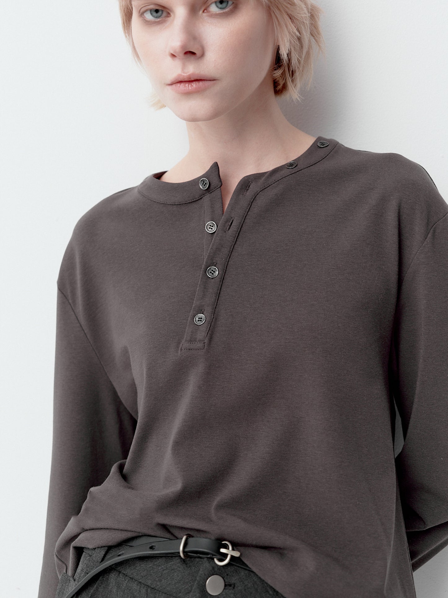 Distressed Henry-Neck T-Shirt