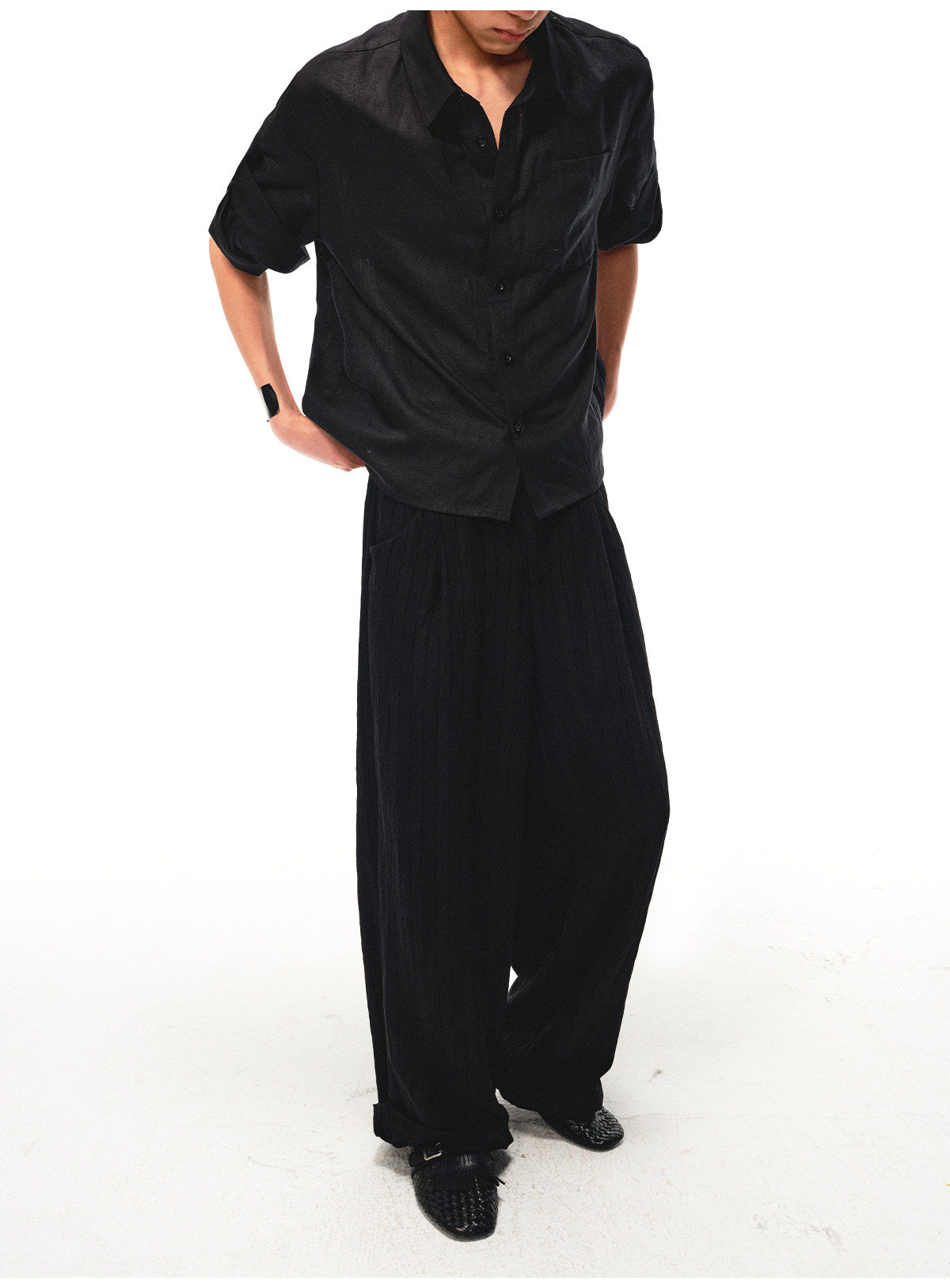 Striped Drawstring Flip-Up Casual Pants