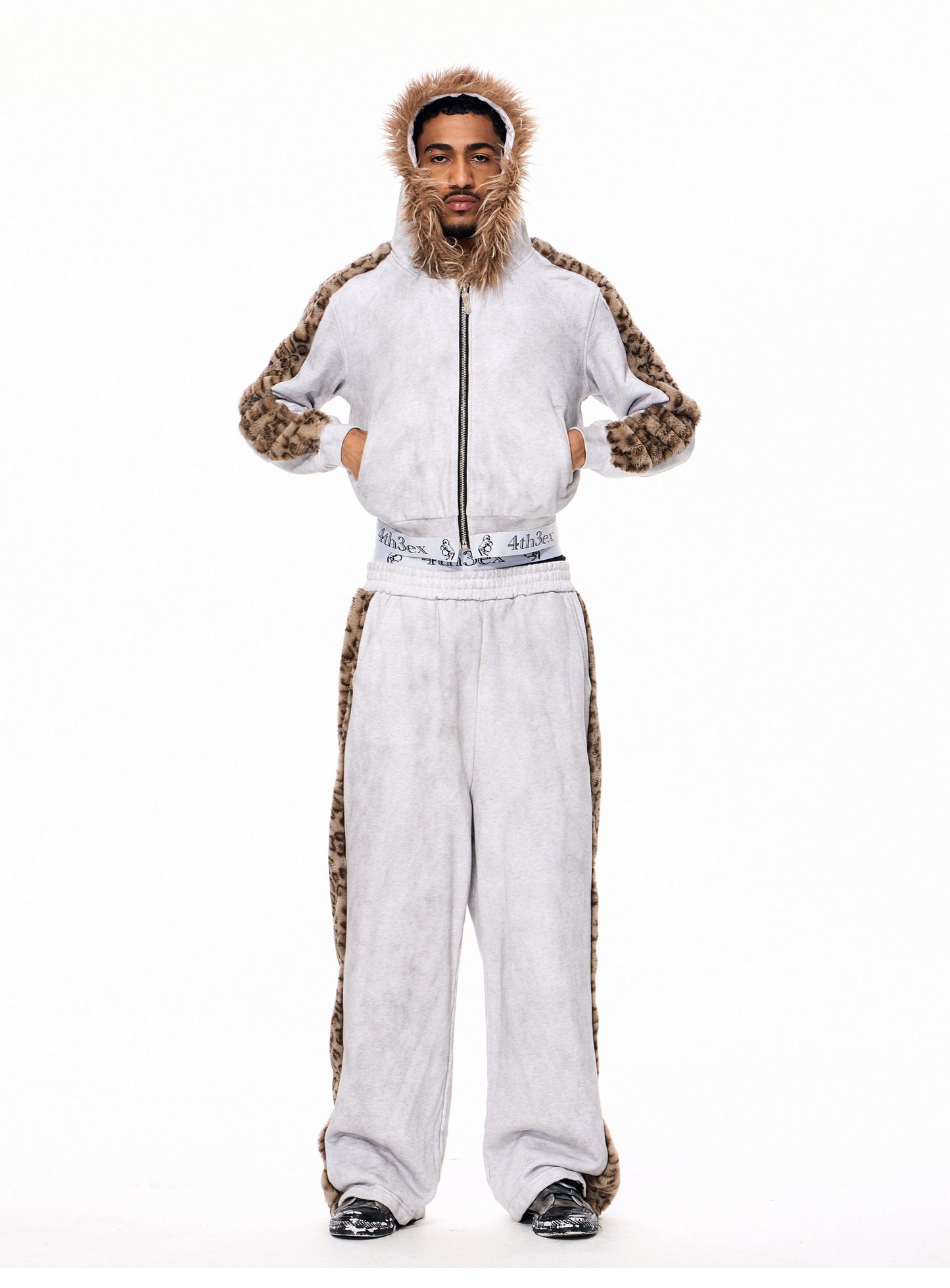 Leopard-Print Faux Fur Patchwork Sweatpants