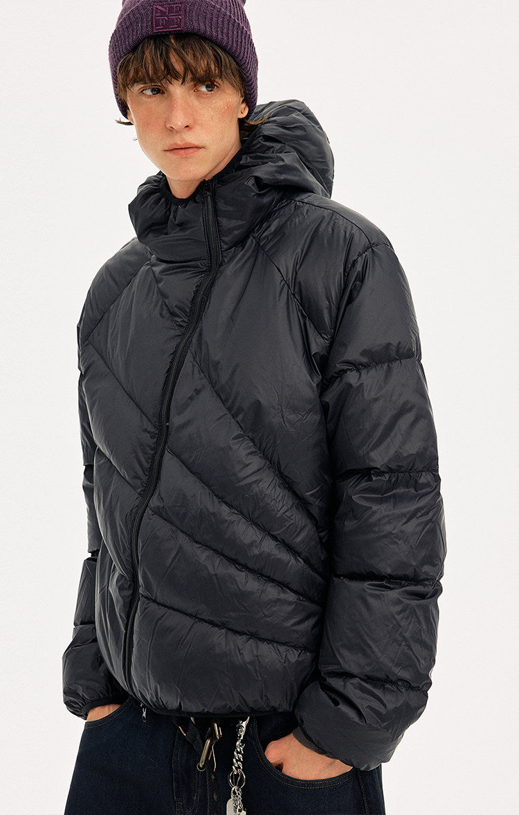 Diagonal Zipper Hooded Lightweight Down Jacket