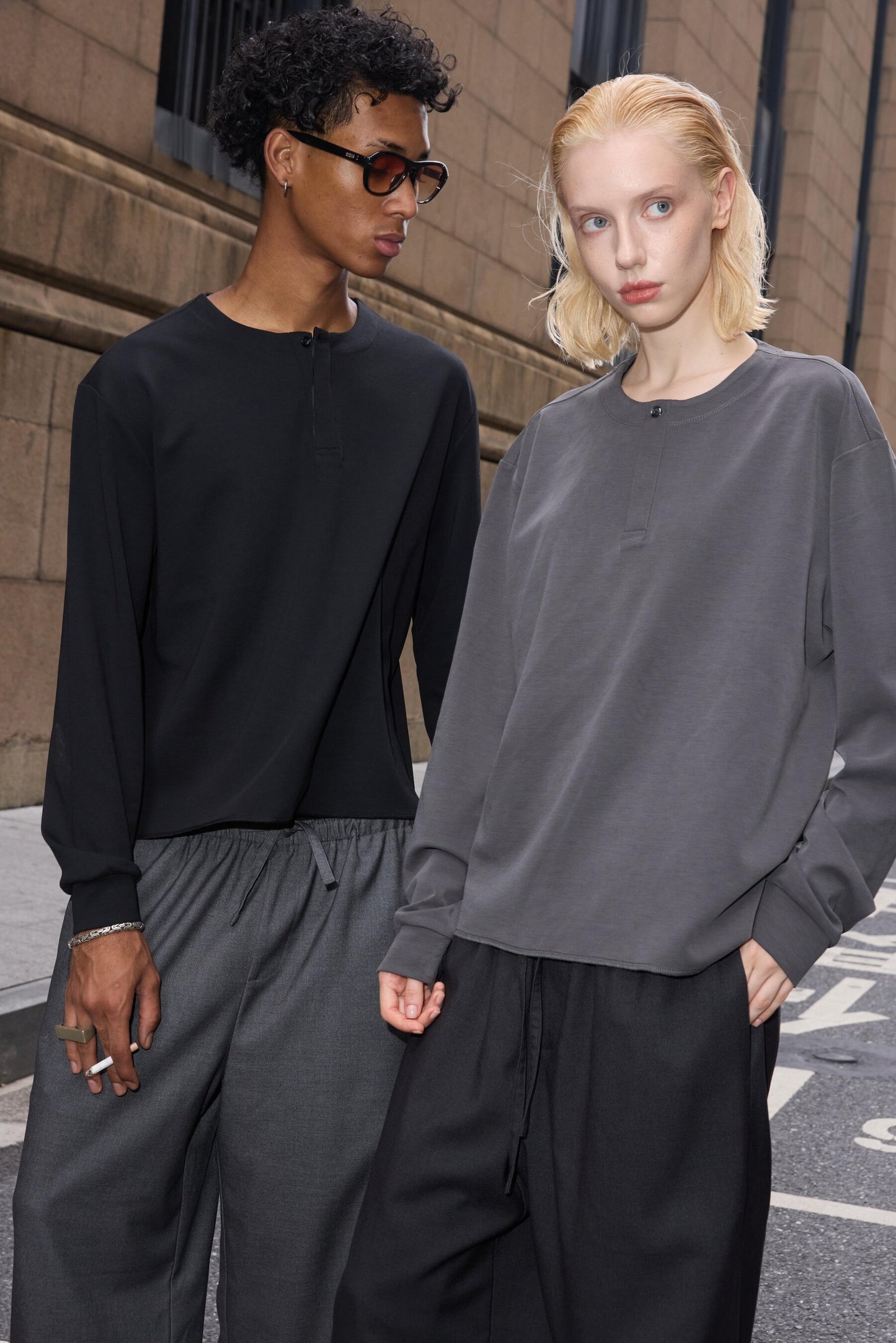 Single-button henley-neck T-shirt