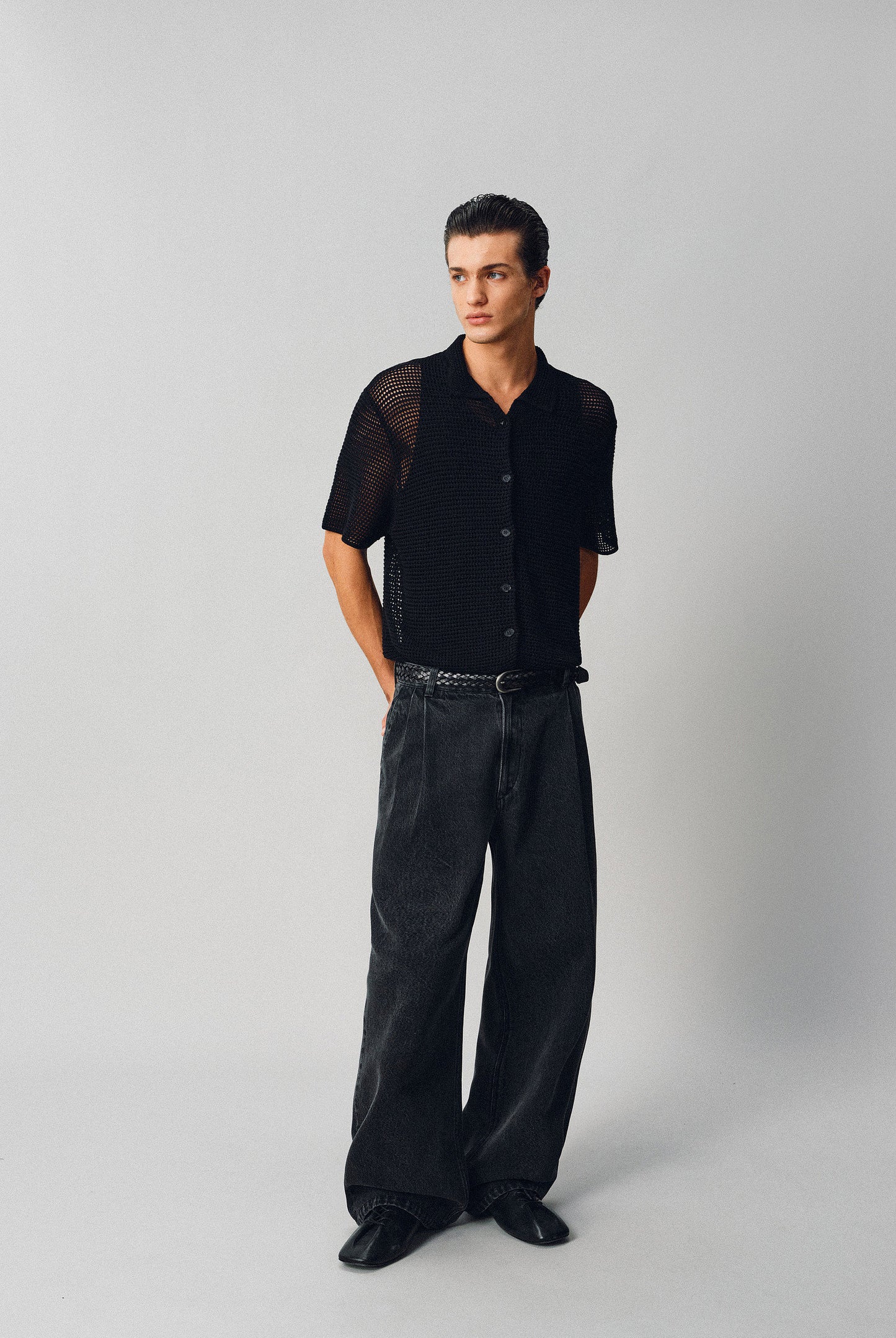 Hollow-knit Button-Down Shirt