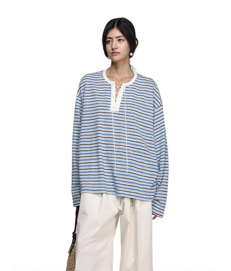 Drawstring Tie Henley Collar T-Shirt