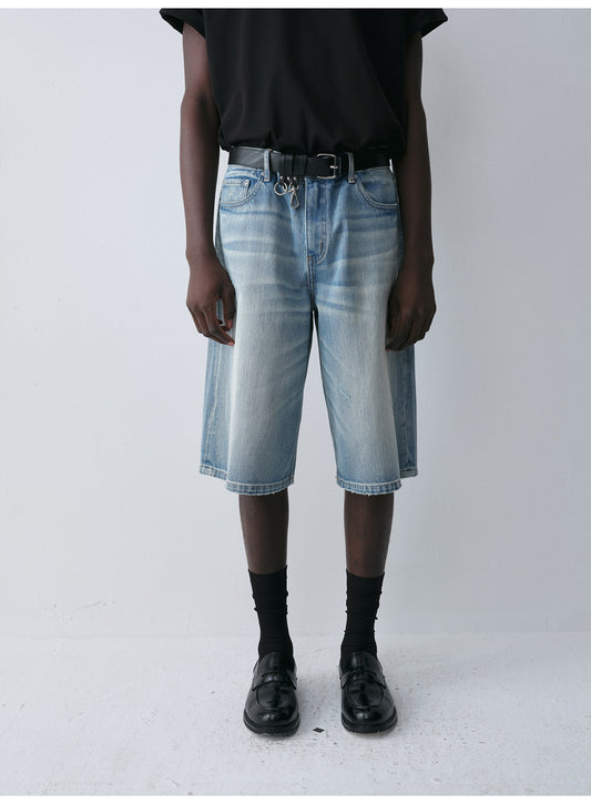 Wash-Damaged Denim Shorts