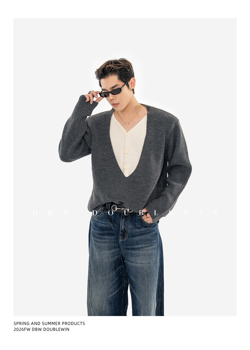 Faux Two-Piece V-Neck Knit Sweater with Shoulder Pads