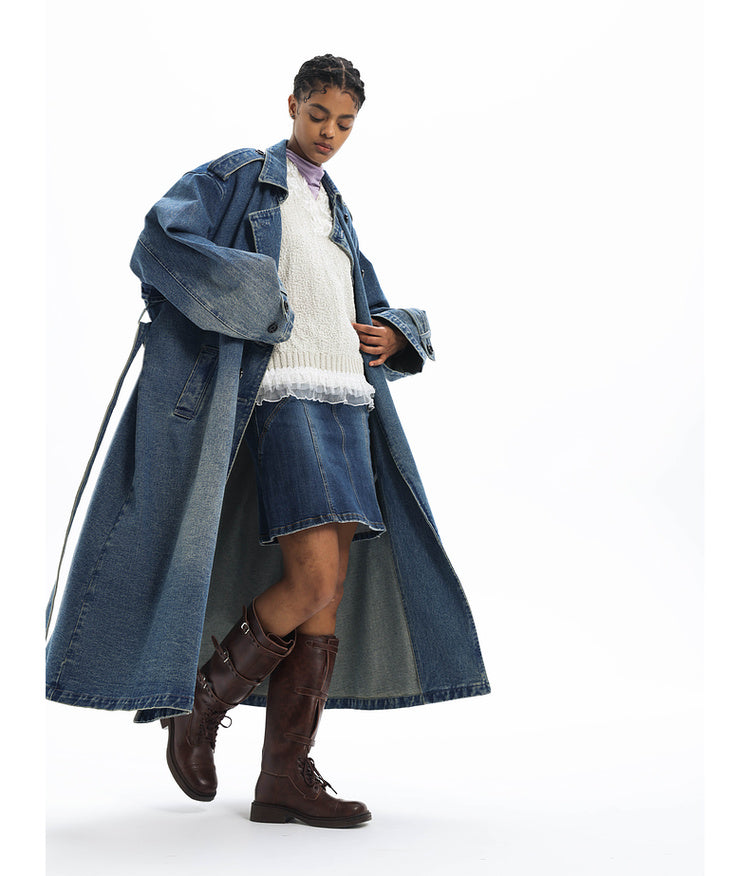 Double-breasted denim long coat