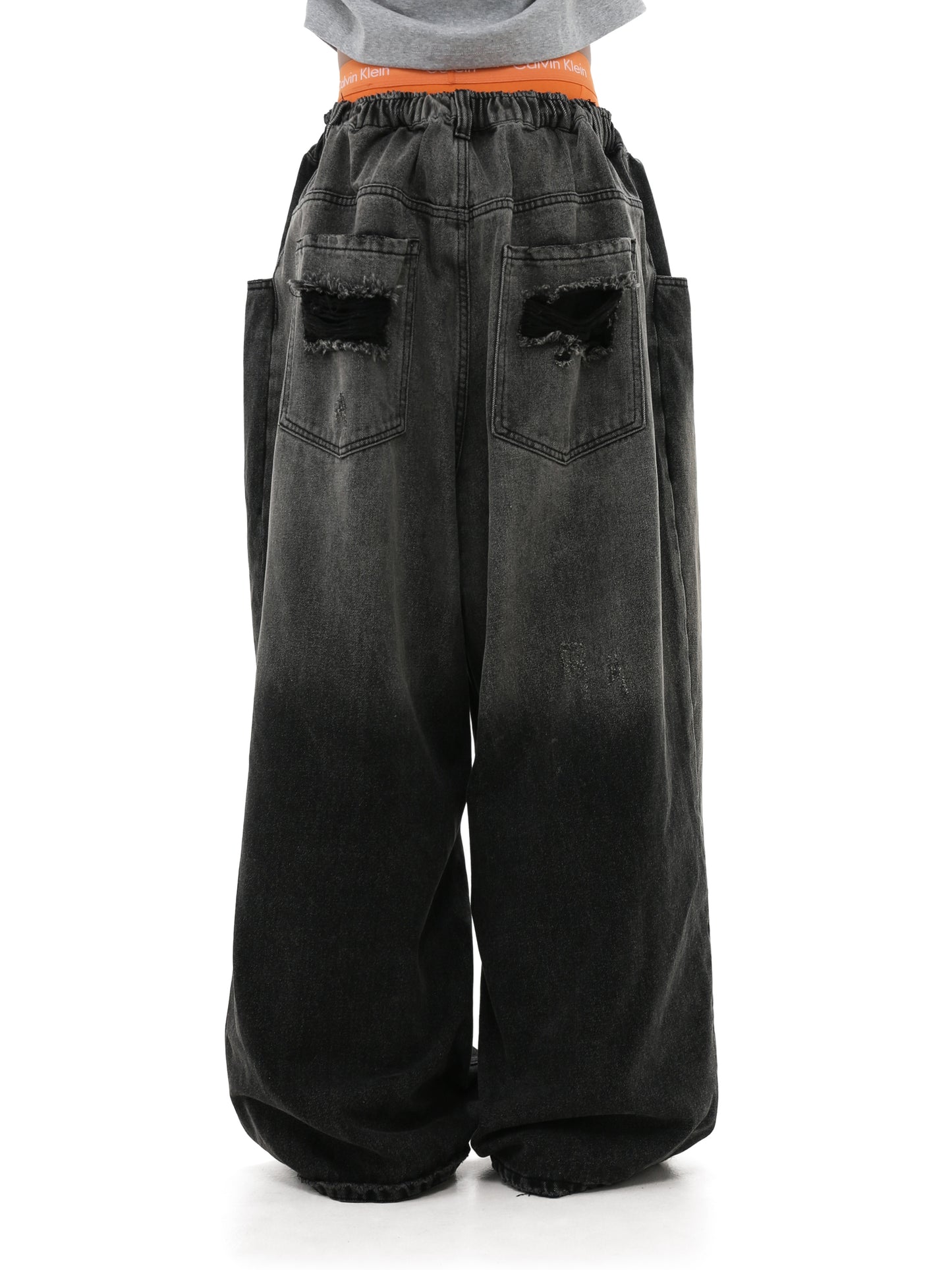 Drawstring Damaged Washed Denim Pants