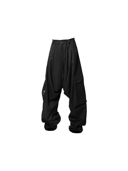 Multi-pleated asymmetrical casual pants