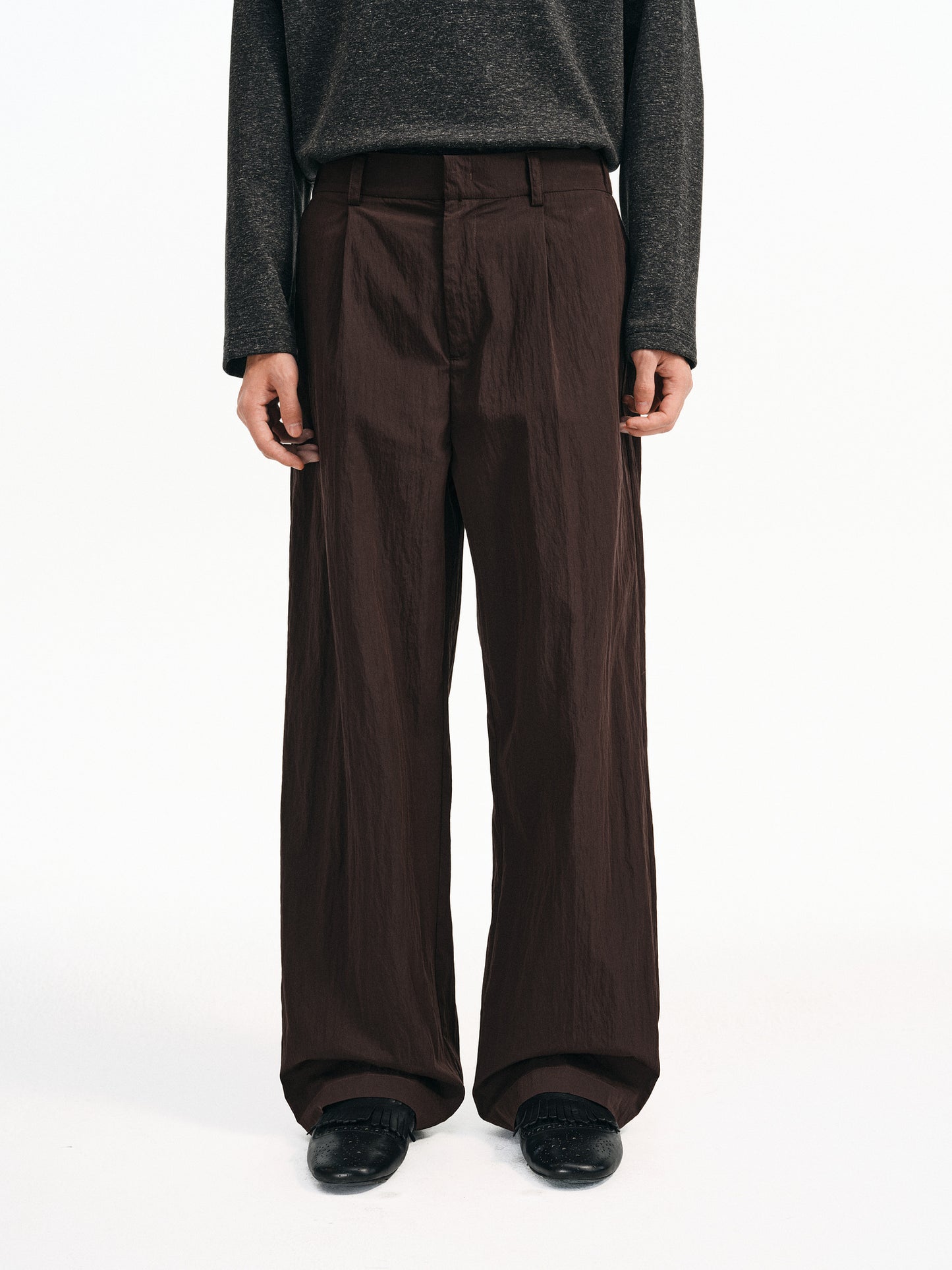 Cotton &amp; Brocade Pleated Casual Pants
