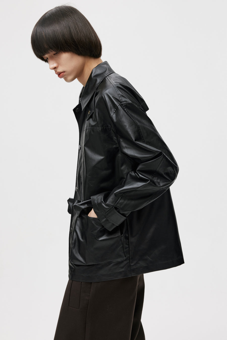 Imitation leather mid-length jacket