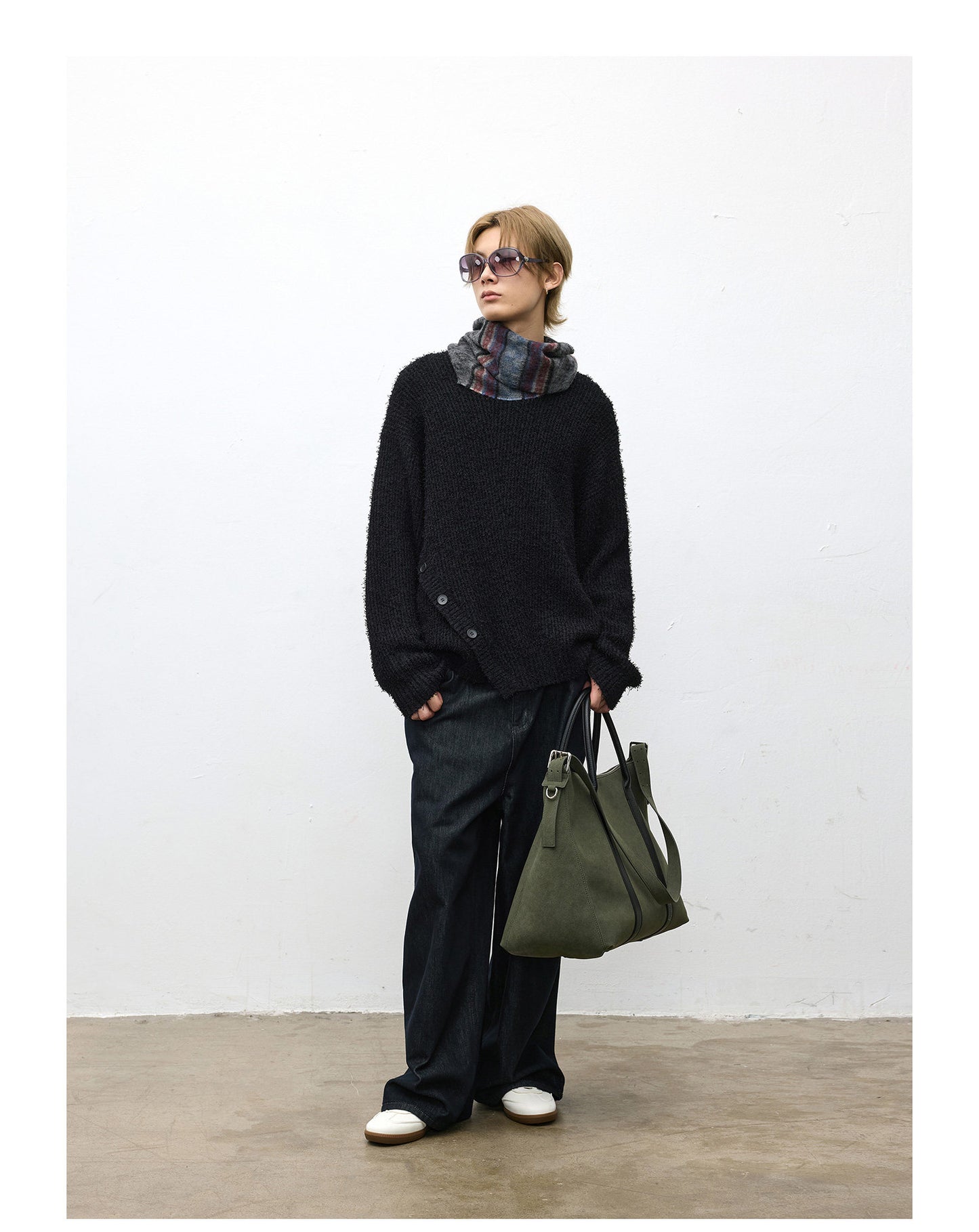 Asymmetrical bias-cut crewneck sweater