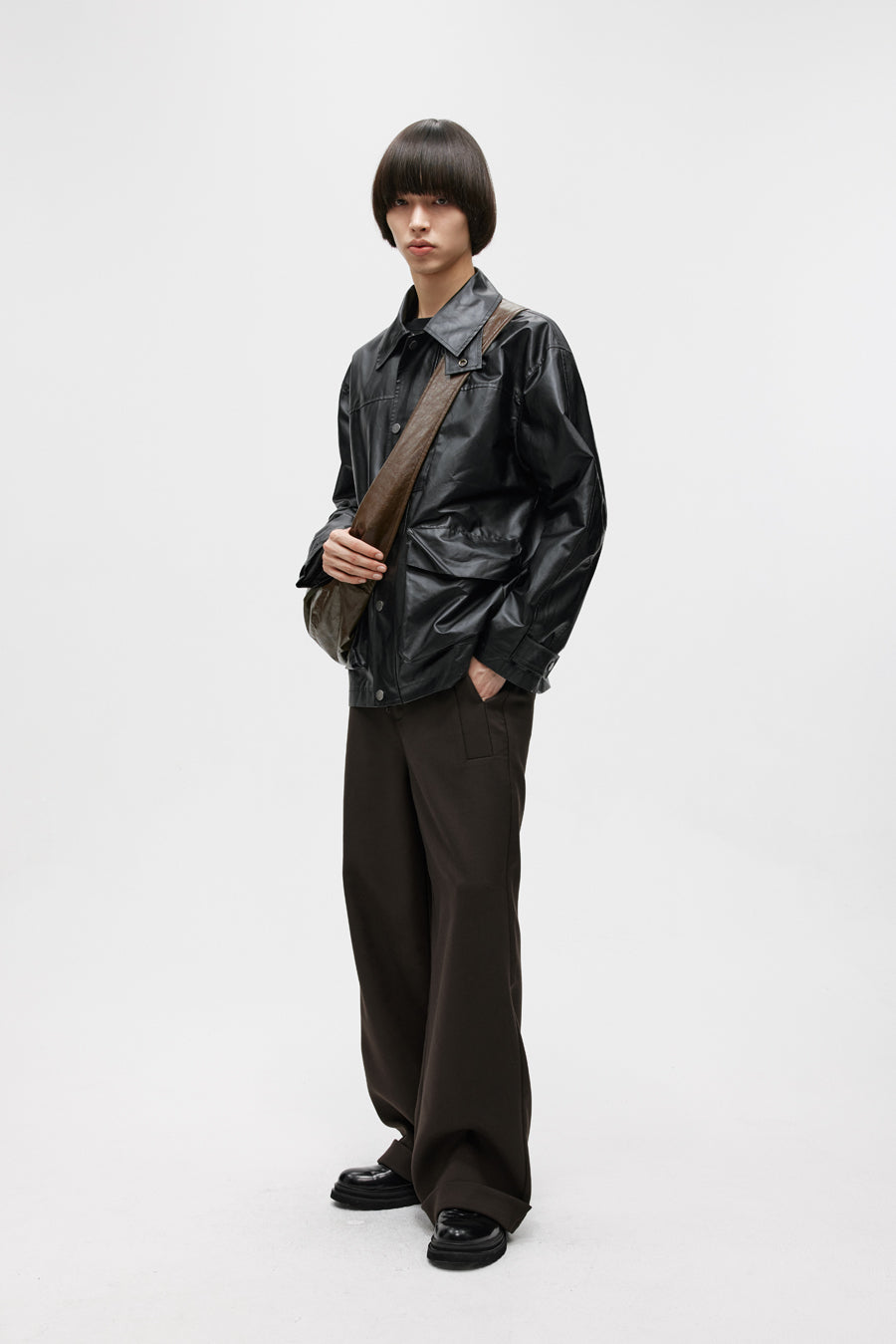 Imitation leather mid-length jacket