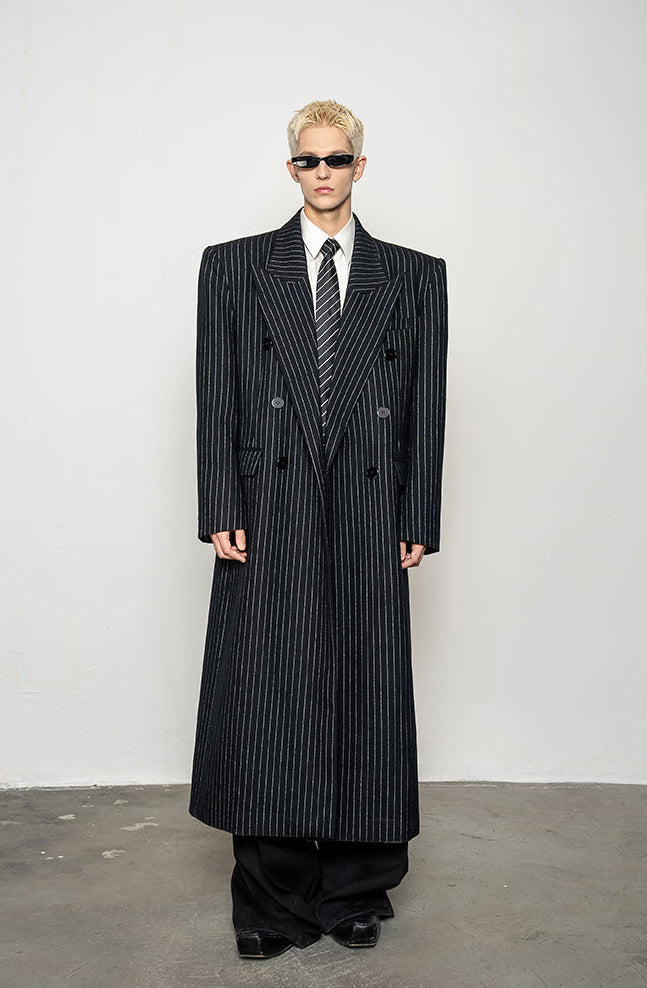 Wool Blend Striped Long Coat