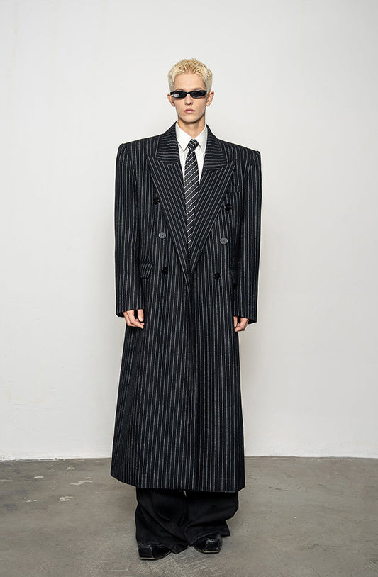 Wool Blend Striped Long Coat