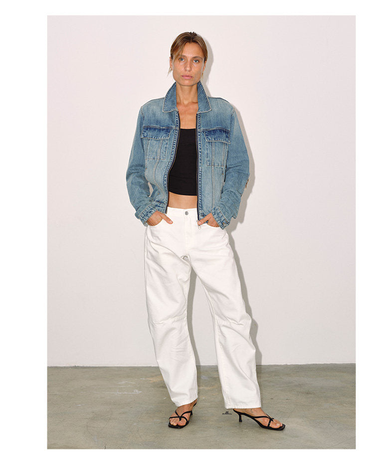 Patchwork Leather Double-Zip Denim Jacket
