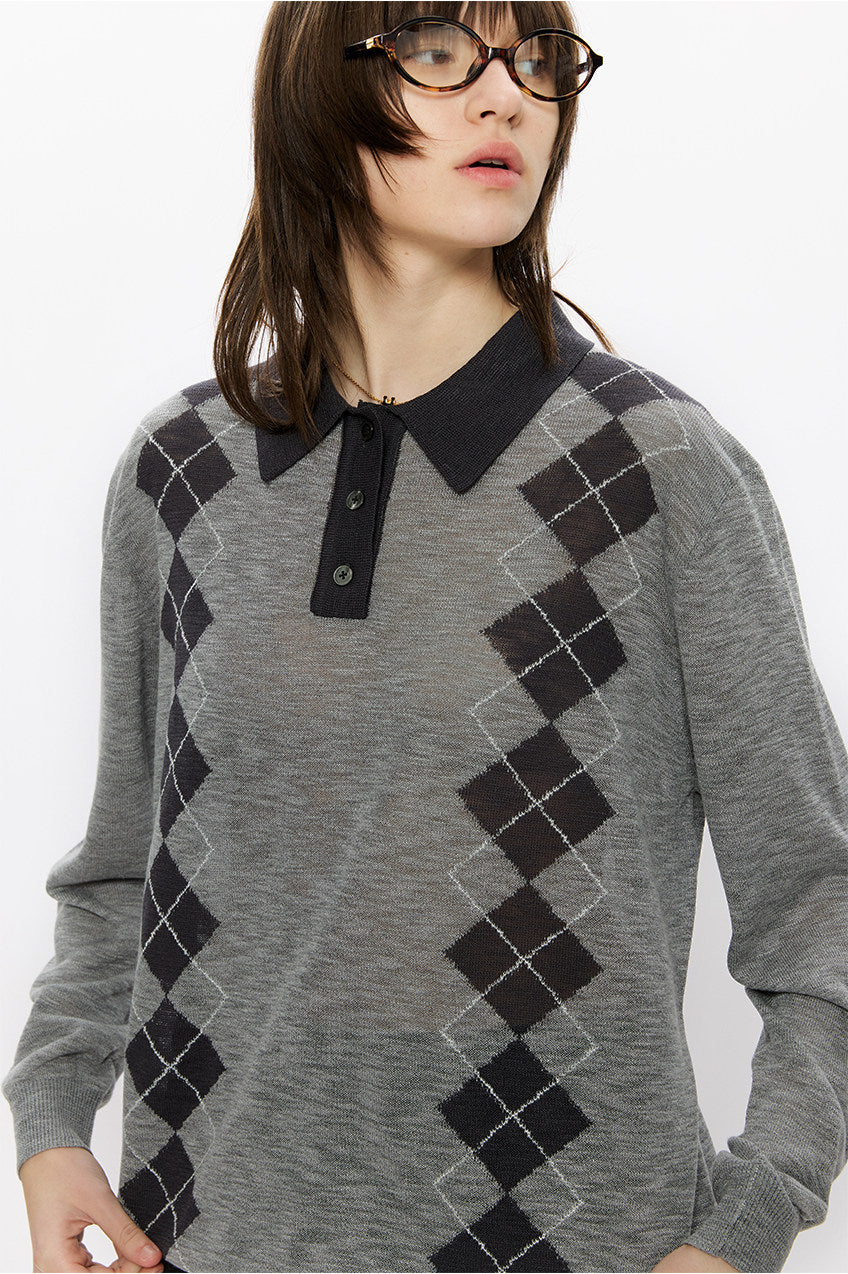 Diamond-pattern knit polo shirt
