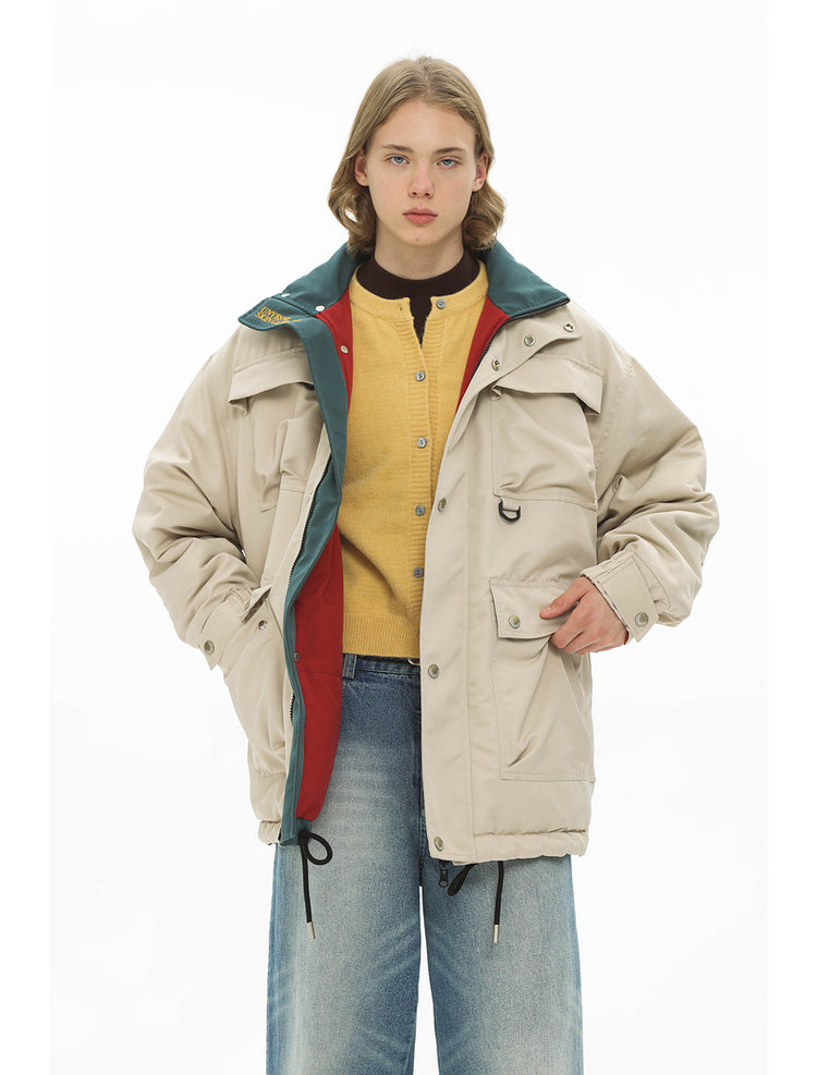 Retro contrast color reversible work cotton jacket