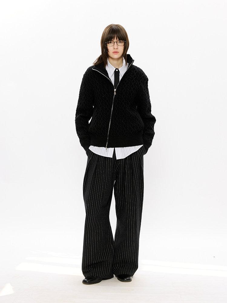 Diagonal Zipper Cable-Knit Cardigan