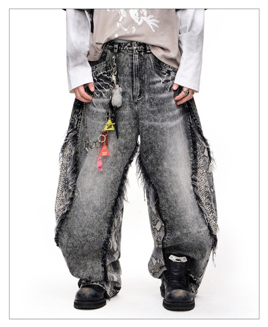 Snake Print Stitch Denim Pants