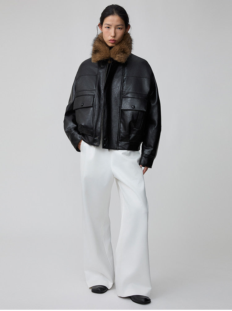 Detachable fur collar bomber jacket