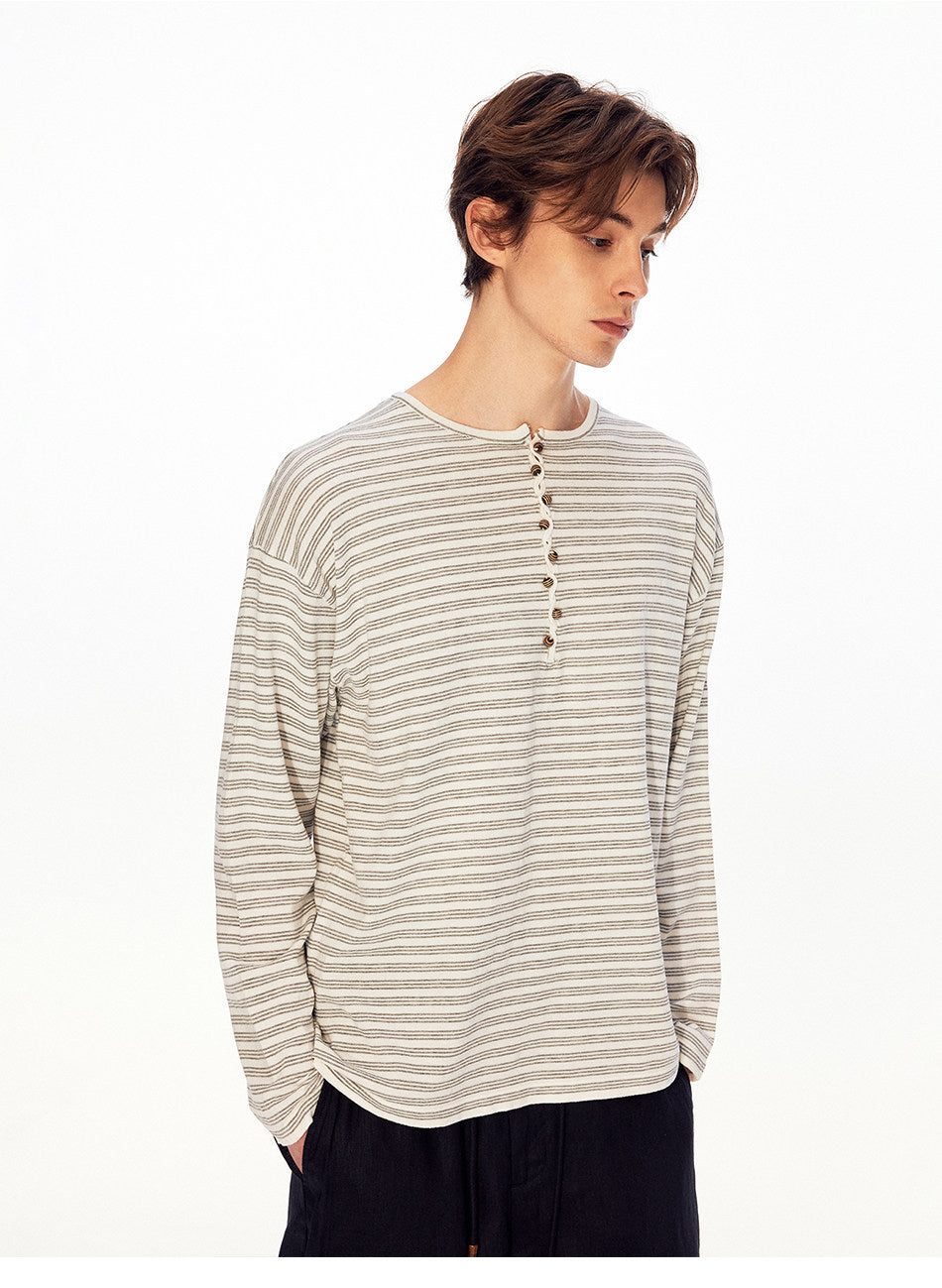 Henry-Collar Linen Striped T-Shirt