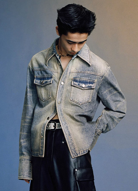 Washed Pointed Collar Shirt-Style Denim Jacket