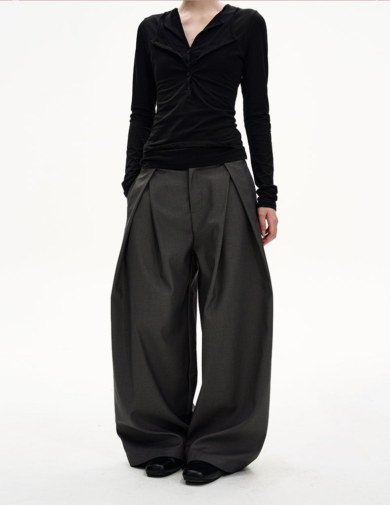 Double-Pleated Relaxed Casual Pants