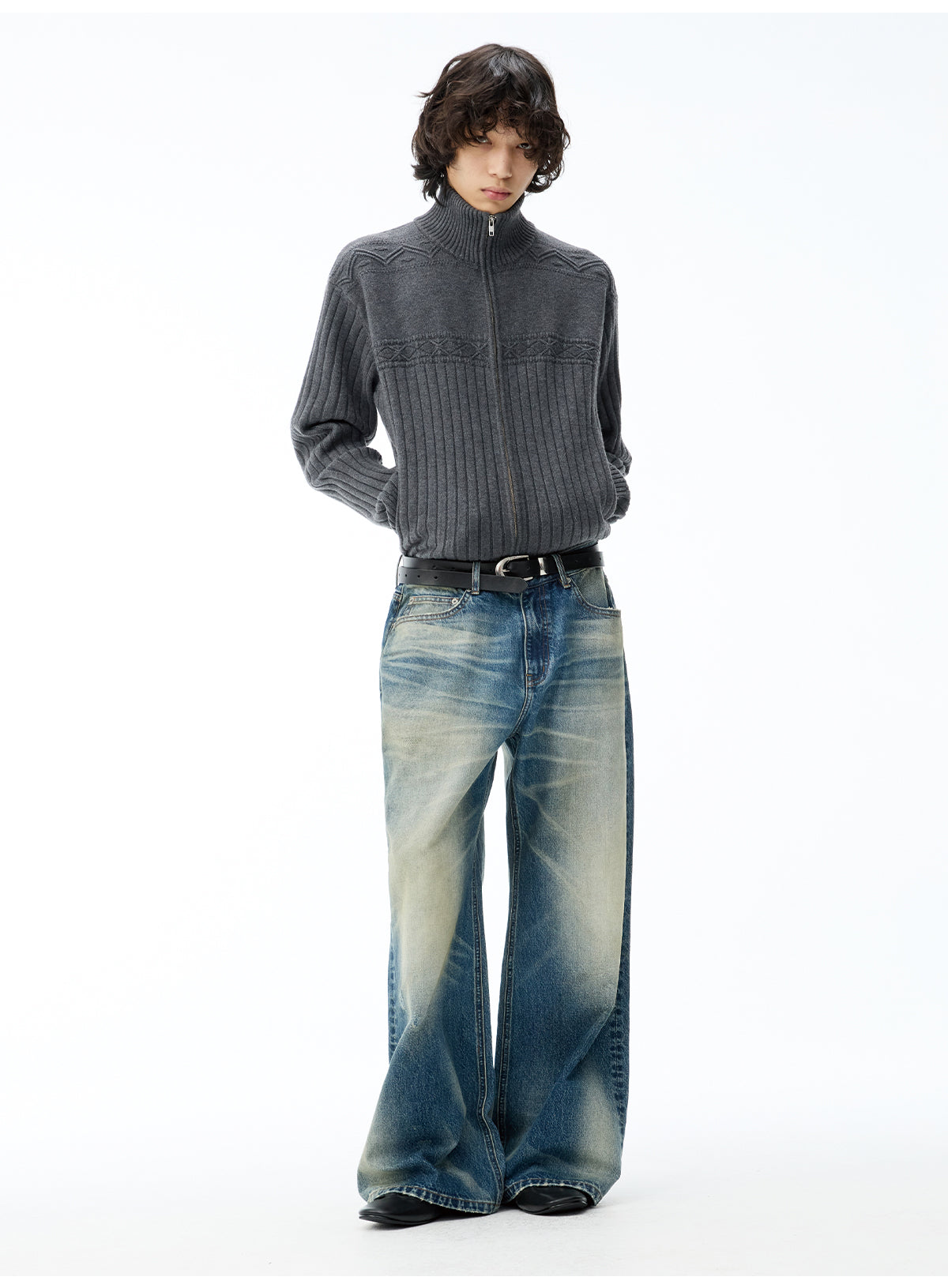 Whisker-washed denim jeans