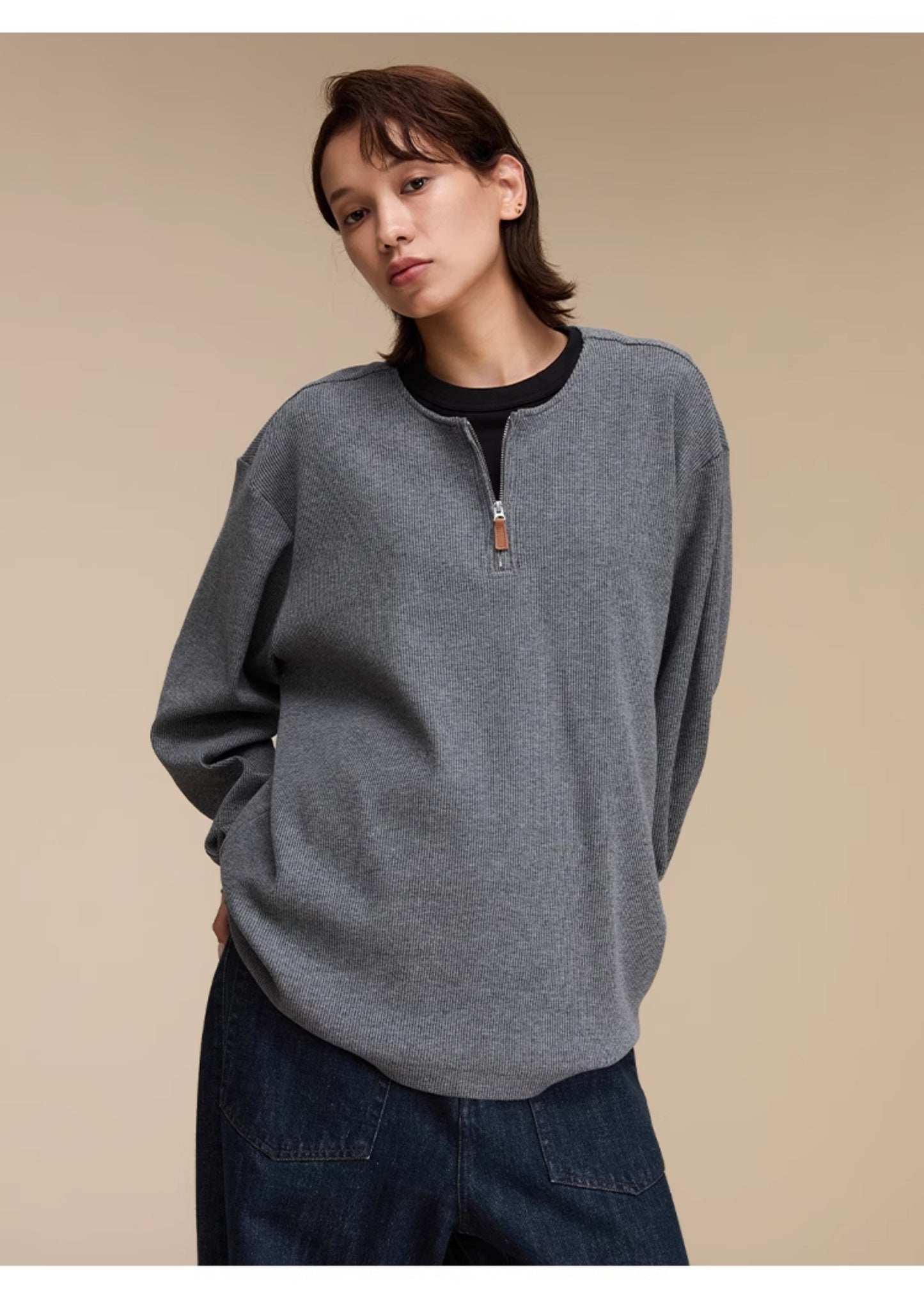 Collarless Half-Zip Waffle Sweater