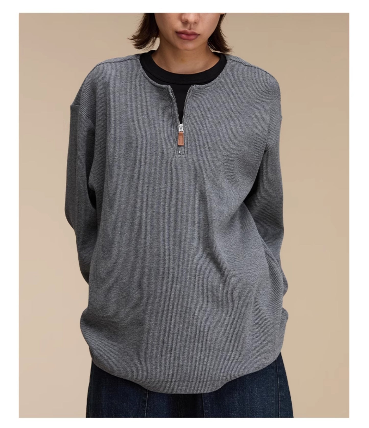 Collarless Half-Zip Waffle Sweater