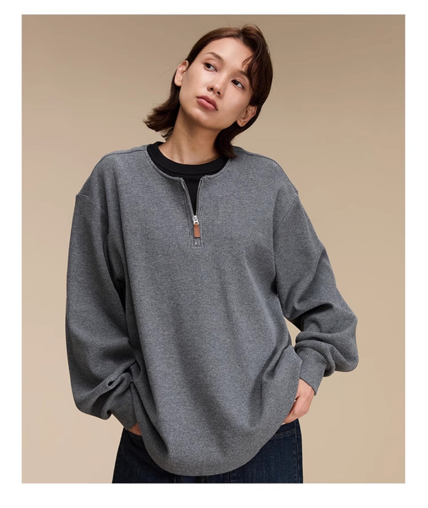 Collarless Half-Zip Waffle Sweater