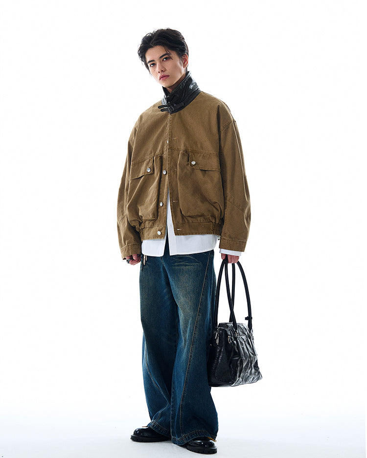 Leather Collar Patchwork Jacket