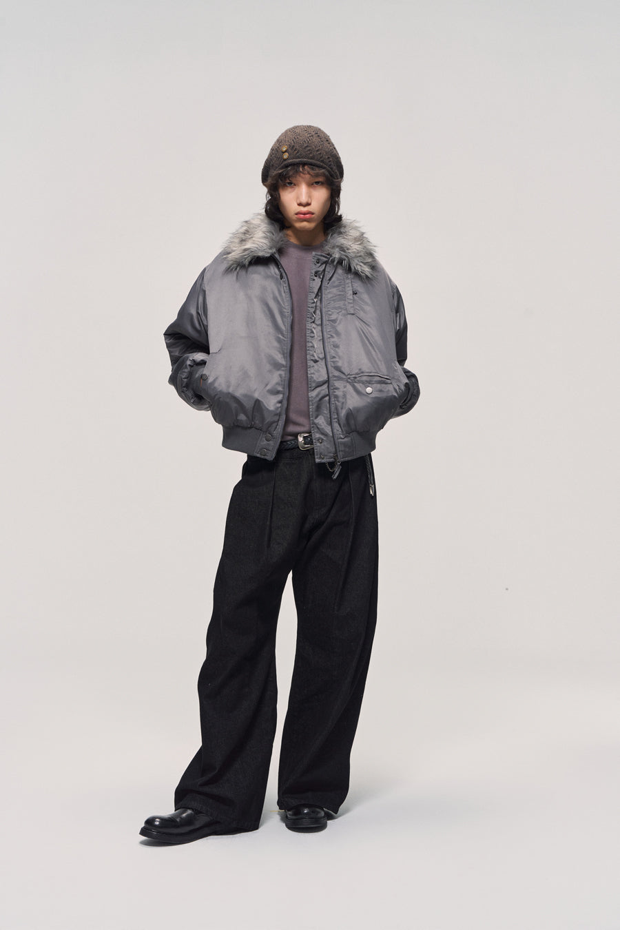 Fur collar bomber jacket