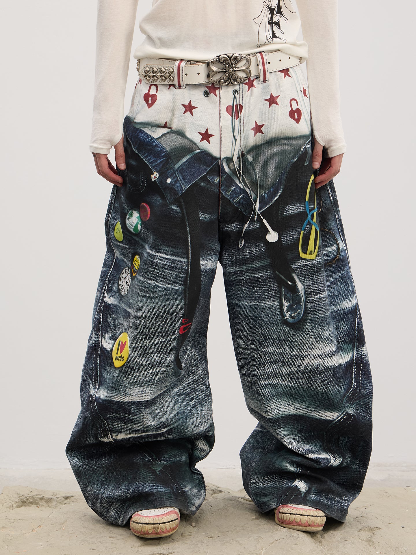 Double-Waistband Printed Jeans
