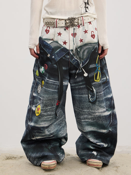 Double-Waistband Printed Jeans