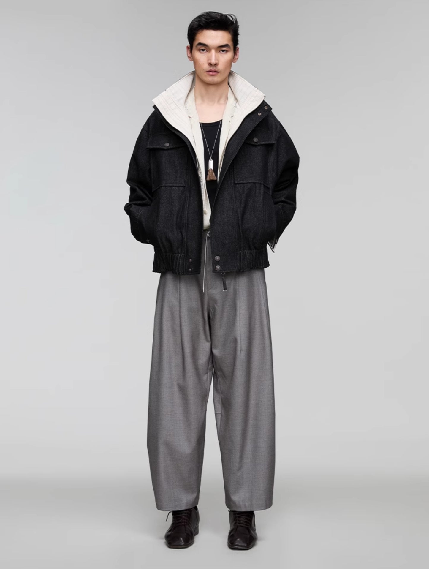 Stand collar patch pocket denim jacket