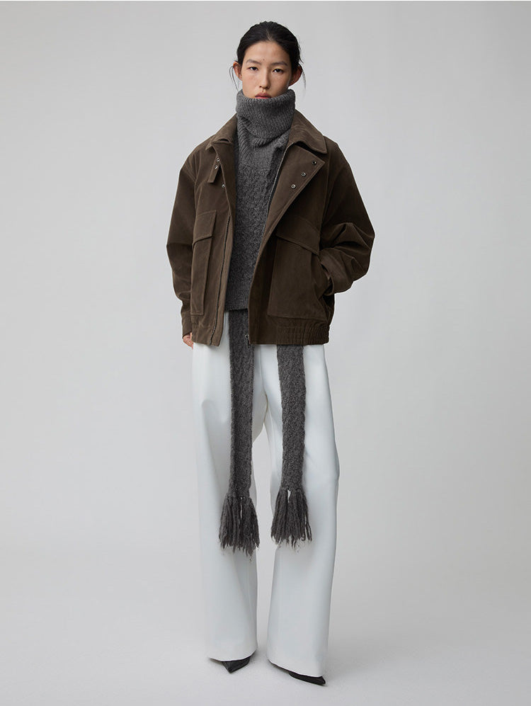 Suede Collar Button-Down Jacket