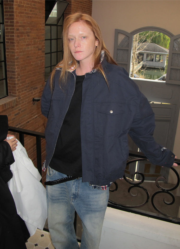 Checkered Stitched Lapel Jacket