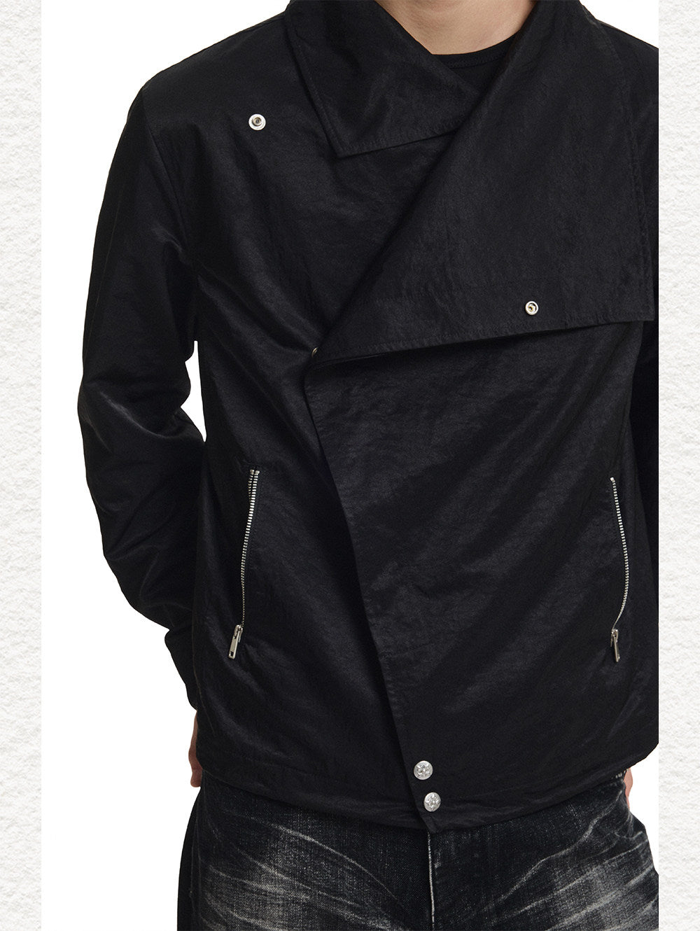 Cross-Button Diagonal Placket Stand-Collar Jacket