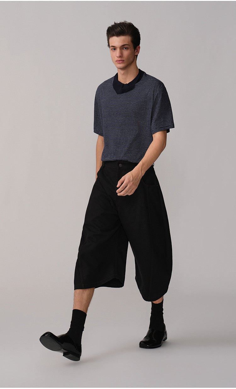 carf-Collar Striped T-Shirt