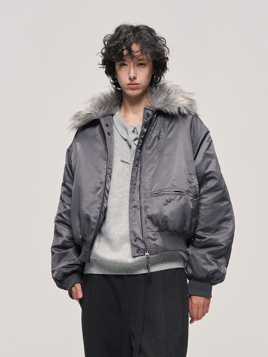 Fur collar bomber jacket