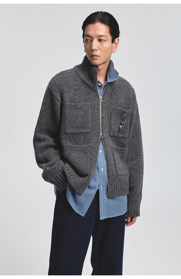Turtleneck Multi-Pocket Cardigan