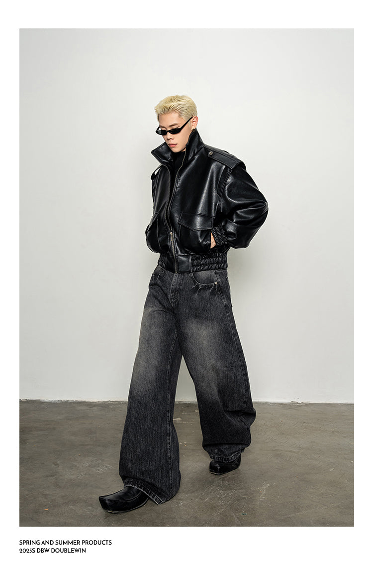 Wide-Shoulder High-Neck Leather Jacket