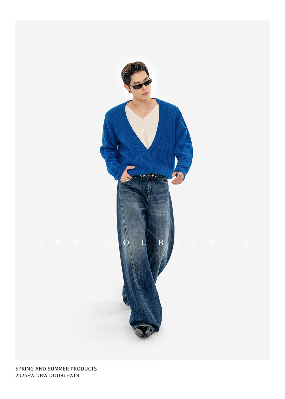 Faux Two-Piece V-Neck Knit Sweater with Shoulder Pads