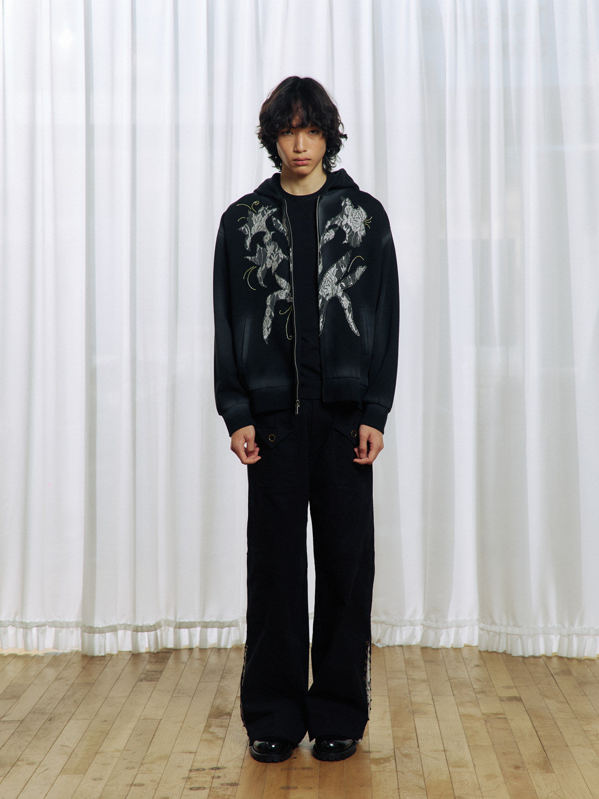 Lace-trimmed hooded sweatshirt