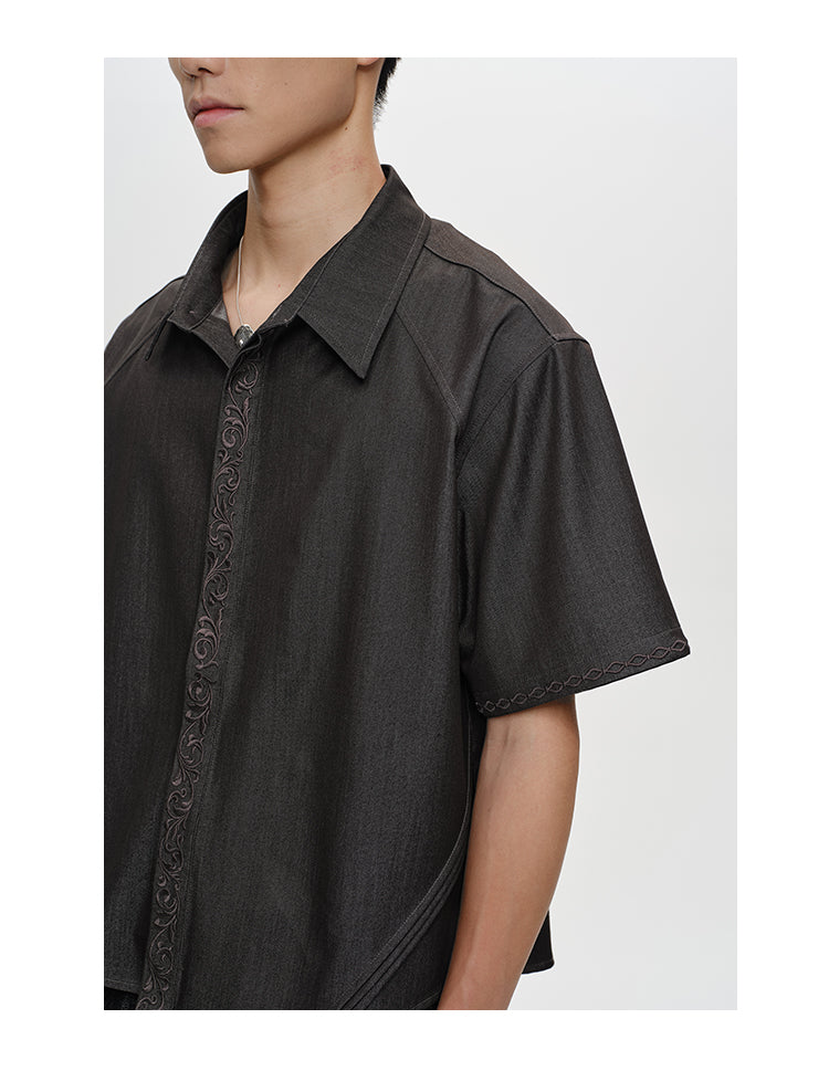 Floral embroidered denim shirt