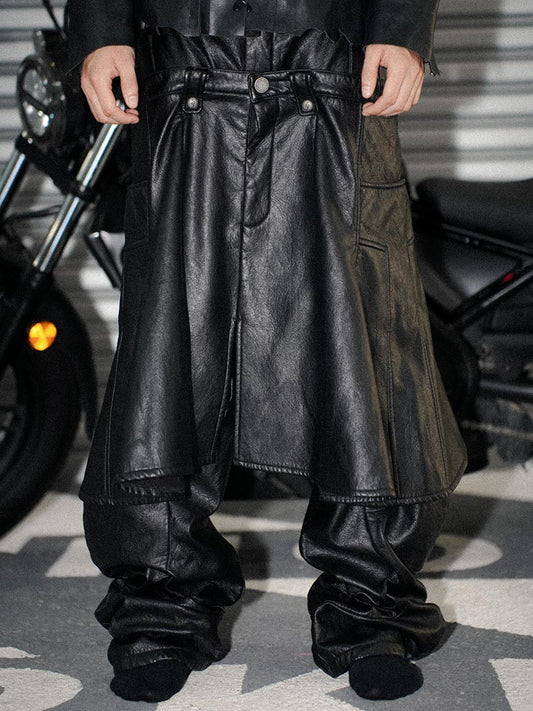 Detachable pleated leather skirt pants
