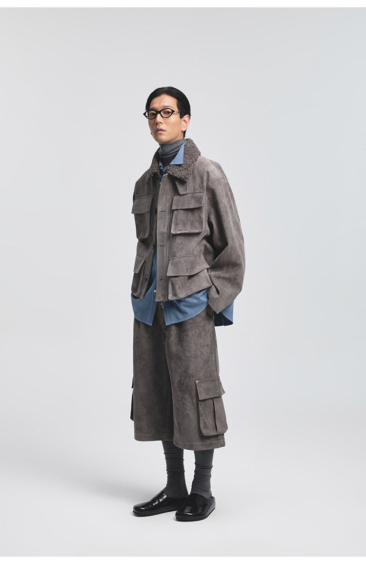 Flocked Multi-pocket Suede Jacket
