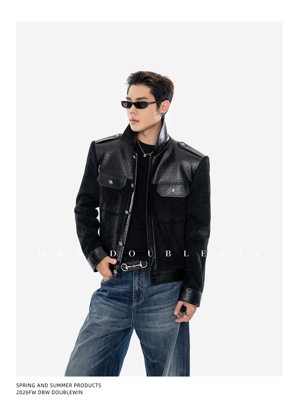 Textured Leather Patchwork Suede Short Jacket